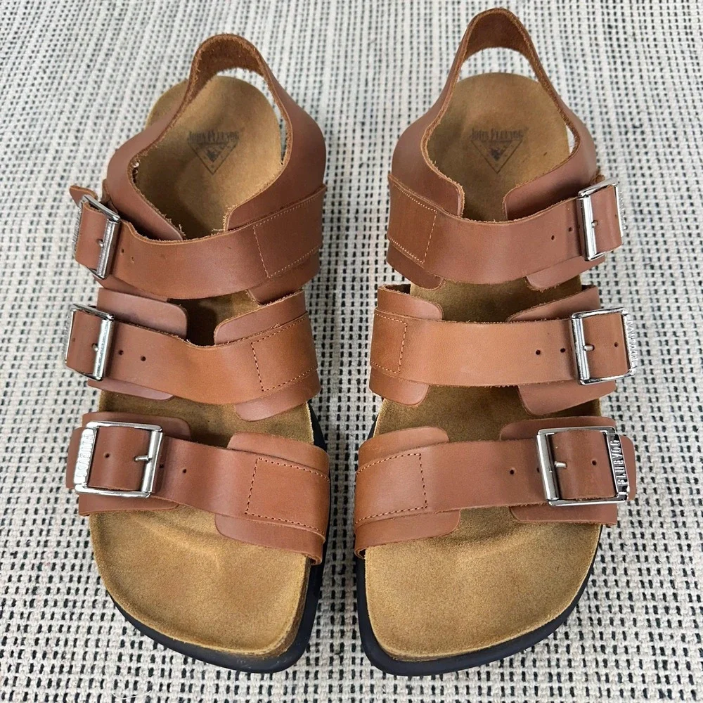 John Fluevog Peacemakers Sandals Men Size 10 Brown Leather Triple Buckle Cork